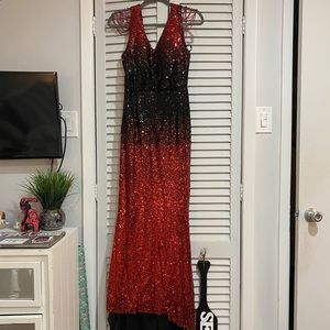 Red and Black ombré sequin prom or formal dress with beaded sleeves